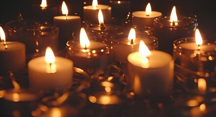 Wall Mural - Lot of burning candles on dark background close up 4K