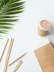 Aufkleber - A tranquil workspace featuring a coffee cup, wooden utensils, and a palm leaf creating a serene atmosphere for creativity. Generative AI