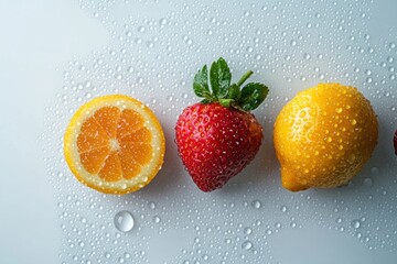 Aufkleber - A vibrant arrangement of fresh lemon, strawberry, and orange sits against a light background, each covered in droplets of water. Generative AI
