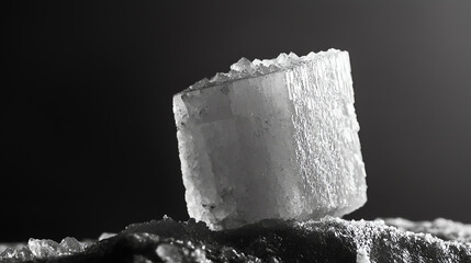 A close-up of a tiny salt crystal illuminating its unique structure on a textured surface in natural light