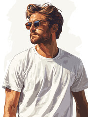 Handsome man in white t-shirt and sunglasses. Stylish Vector Illustration.