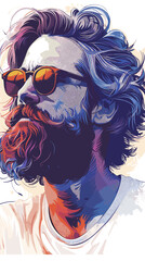 Man with a beard and sunglasses is the main subject of the image. The sunglasses are positioned above his nose, and his hair is styled in a way that makes him look cool and confident