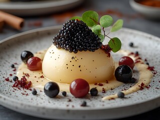 Wall Mural - A gourmet dessert featuring a smooth panna cotta topped with blackberries and garnished elegantly.