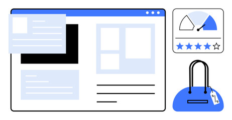 E-commerce website layout with shopping cart, product review, rating meter, and blue handbag. Ideal for online shopping, product reviews, user ratings, digital marketplace, retail customer feedback