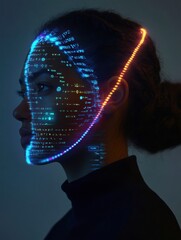 Poster - A woman stands in profile, illuminated by colorful DNA code projections on her face in a contemporary art environment. Generative AI