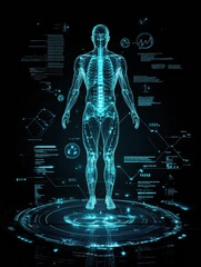 Fototapete - This visual features a holographic human figure displaying intricate details of DNA and body systems in a dark, high-tech backdrop. Generative AI