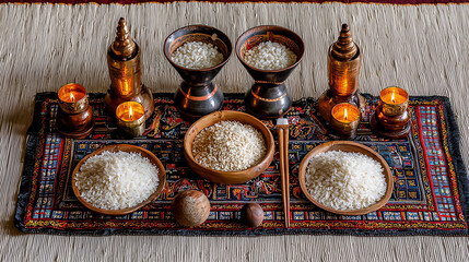 Traditional Bhutanese Losar celebration featuring rice and yak butter decorated with candles and ceremonial items