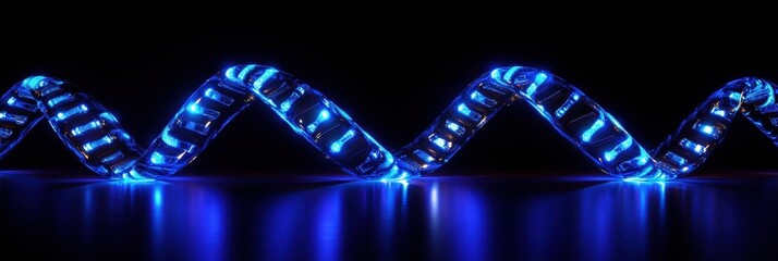 Fototapete - A glowing DNA helix design in vibrant blue illuminates a dark background, highlighting the intricate molecular structure of life. Generative AI
