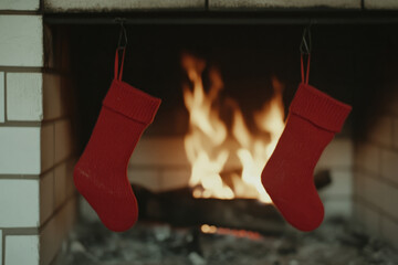 Wall Mural - Two red stockings are hanging over a fire in a fireplace