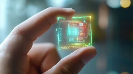 Leinwandbilder - A hand displays a micro biochip featuring a vibrant holographic screen that presents various health metrics and vitals. Generative AI