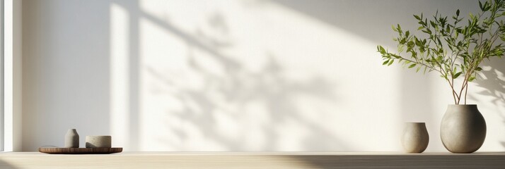 Aufkleber - Sunlight illuminates a simple shelf featuring a vase of greenery and decorative pieces, creating a serene and calming atmosphere. Generative AI
