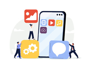 small people character decorated mobile technology. vector concept illustration flat design.