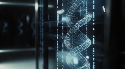 Poster - A detailed view of a DNA double helix displayed on a digital screen in a high-tech research facility highlighting its complexity. Generative AI