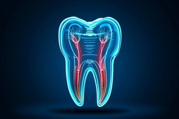 Aufkleber - Minimalist outline of a tooth in X-ray style, showing root canals and a clean, simple structure