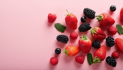 Wall Mural - wild berries strawberries blackberries and raspberries on pink background food photography banner