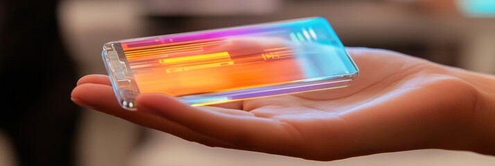 Leinwandbilder - A hand presents a micro biochip with a holographic display illustrating various health metrics and information in a contemporary environment. Generative AI
