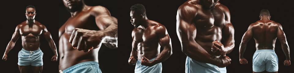 a muscular african american athlete stands confidently, displaying their well-defined physique with 