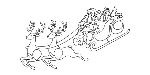 Poster - One continuous line drawing of christmas reindeer and Santa Claus. Wild animal deer with antlers is dynamic silhouette in simple linear style. Elegance editable stroke. Doodle vector illustration