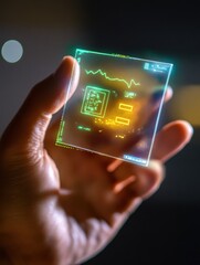 Leinwandbilder - A hand is grasping a micro biochip emitting a colorful holographic display of health metrics, illustrating cutting-edge medical technology. Generative AI
