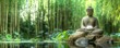 © video - peaceful buddha statue with lotus in bamboo garden by tranquil pond sunlight reflecting on green water serene meditation scene