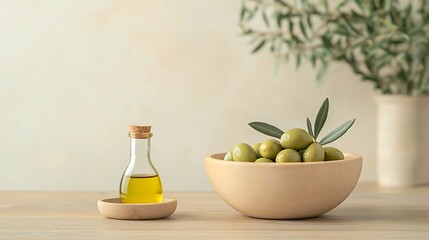 Wall Mural - Olive oil. A serene arrangement of green olives in a bowl beside a small bottle of olive oil, accented by an olive branch, showcasing natural ingredients.