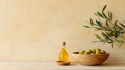 Wall Mural - Olive oil. A serene composition featuring a bottle of olive oil, a wooden bowl of olives, and an olive branch against a warm, textured background.