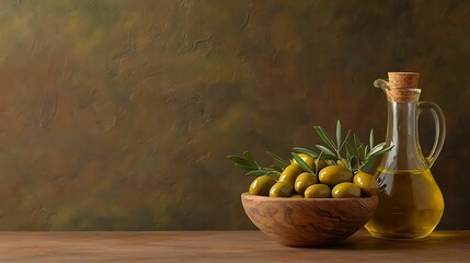 Wall Mural - Olive oil. A rustic setup featuring a bowl of olives and a bottle of olive oil, complemented by sprigs of herbs against a textured background.