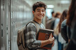 © alisluch - Smiling student holding books in a school hallway, wearing a backpack, with lockers and classmates in the background