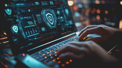 Close-Up of Hands Typing on Laptop with Cybersecurity Graphics and Digital Interface in a Modern Technology Setup