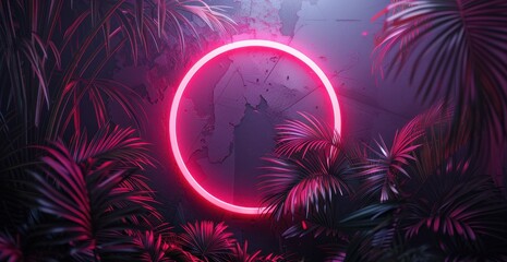 Wall Mural - pink neon circle framed by lush tropical foliage