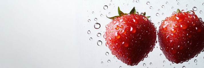 Aufkleber - Two ripe strawberries covered in water droplets are displayed against a light background, highlighting their freshness and vibrancy. Generative AI