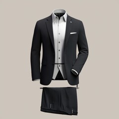 Wall Mural - Realistic 3D render of a three-piece formal suit set, showcasing elegant design with tailored jacket, crisp dress shirt, and matching trousers against a neutral background.