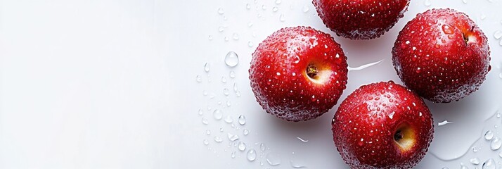 Fototapete - Four shiny red apples sit on a white surface, glistening with droplets of water, creating a fresh and inviting feel. Generative AI