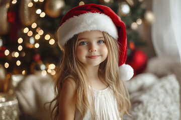 Wall Mural - Photo of cute little girl wearing a white dress and Canta hat. Christmas-themed decorations