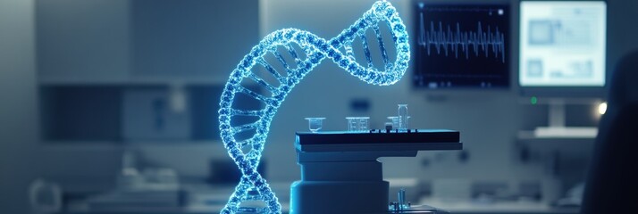Poster - A mesmerizing DNA double helix is illuminated, showcasing genetic research in progress with scientific instruments surrounding it. Generative AI