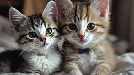 Wall Mural - Two adorable kittens cuddling together on a cozy blanket, showcasing their playful expressions in a warm indoor setting during afternoon light