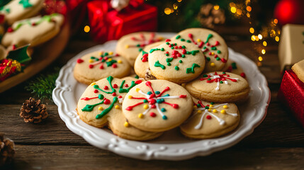 Sticker - A cozy holiday scene featuring gift boxes, a plate of colorful Christmas cookies, and festive decorations in the background 