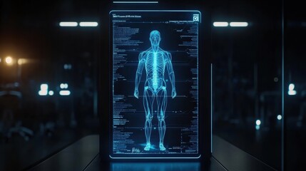Poster - The display showcases DNA data and a human figure outline in a lab, highlighting genetic information and biological structures. Generative AI