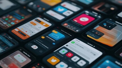 Fototapete - Numerous screens show different social media app interfaces, highlighting the range of digital interactions available today. Generative AI