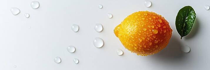 Poster - A bright yellow lemon rests on a white surface, glistening with water droplets and accompanied by a green leaf, evoking freshness. Generative AI