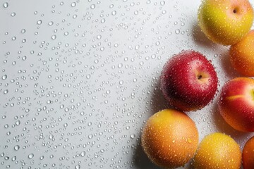 Poster - A variety of apples, glistening with water droplets, are arranged on a white surface, highlighting their fresh, appealing colors. Generative AI
