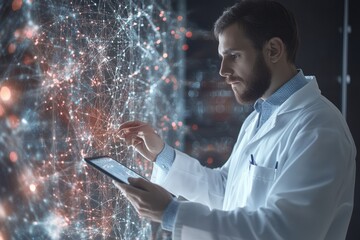 Fototapete - A doctor wearing a white coat examines a digital interface with glowing data points, showcasing advanced medical technology and analysis. Generative AI