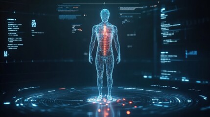 Leinwandbilder - A transparent figure displays the intricate DNA structure and nervous system highlighted in a modern virtual lab environment. Generative AI