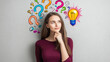 © AlgoCreative - Young woman pondering with question marks and light bulb illustration