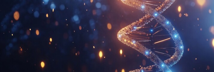 Poster - A vibrant DNA helix shimmers with blue and orange lights, illustrating the complexity of genetic structures against a dark backdrop. Generative AI