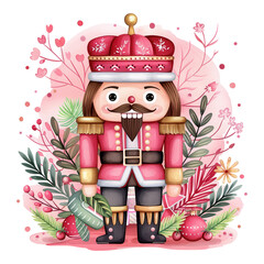 Wall Mural - Kawaii Nutcracker Standing Guard Among Floral Decorations and Love Hearts Perfect for Holiday Greetings and Festive Art Projects