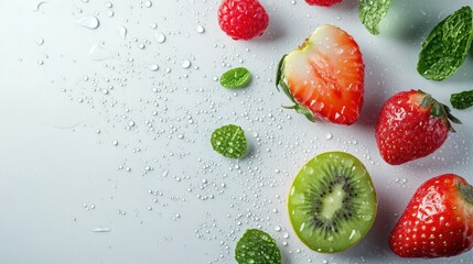 Leinwandbilder - Delicious strawberries, kiwi slices, and raspberries are artfully placed with mint leaves on a clean surface adorned with water droplets. Generative AI