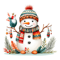 Canvas Print - Decorative Snowman with Colorful Feathers and Beads Surrounded by Festive Greenery and a Cute Bird, Perfect for Winter-Themed Crafts and Holiday Decor