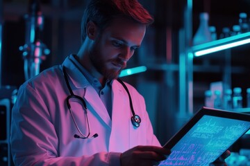 Fototapete - A doctor in a white coat reviews important medical data on a tablet inside a well-equipped laboratory at night. Generative AI