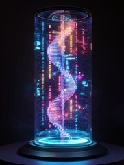 Poster - A vibrant DNA double helix is showcased within a transparent cylinder, illuminated by colorful lights against a dark backdrop. Generative AI